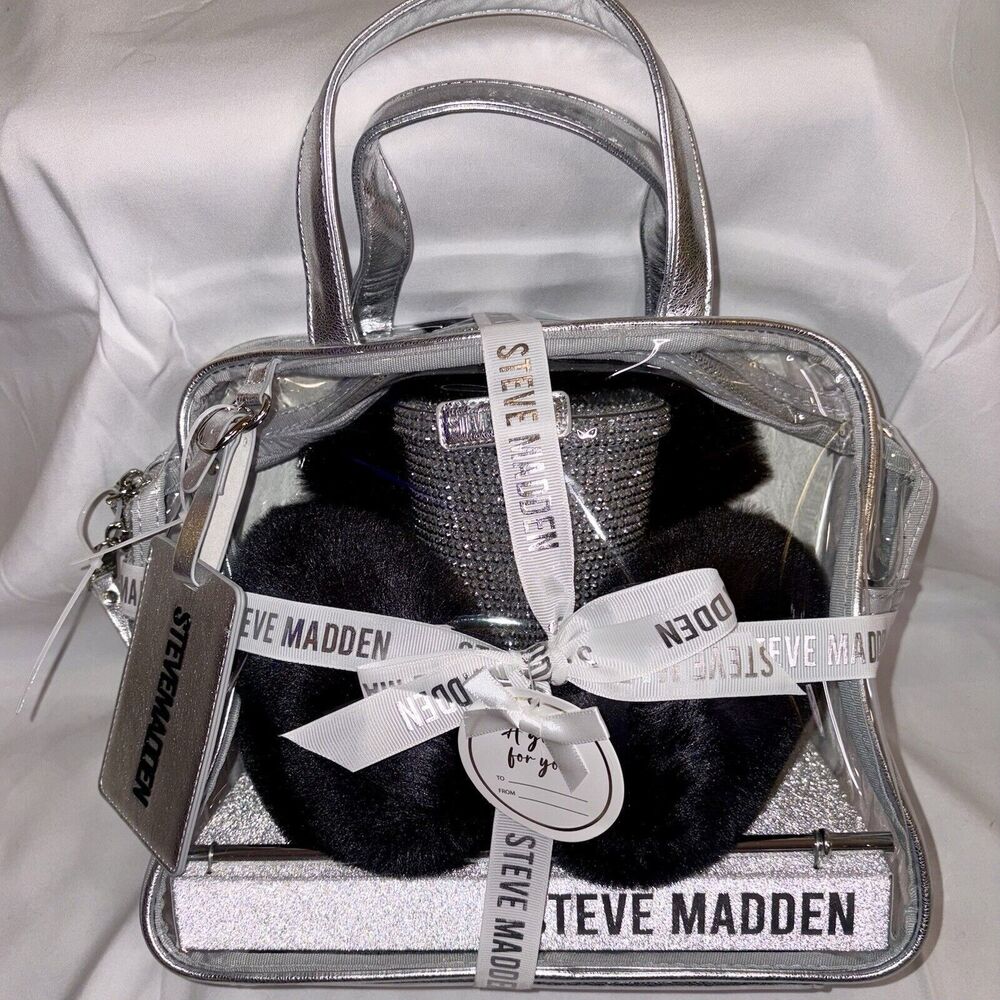 Steve Madden 4 Pc Gift Set: Earmuffs, Clear Tote, Luggage Tag, Tumbler w/ Straw